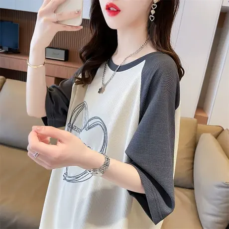 小众设计感短袖t恤女夏季韩版宽松大码女装中长款小个子撞色上衣图片