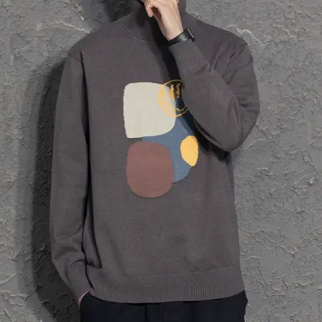 秋冬季男士高领保暖加厚毛衣笑脸宽松提花针织衫打底衫潮休闲上衣图片
