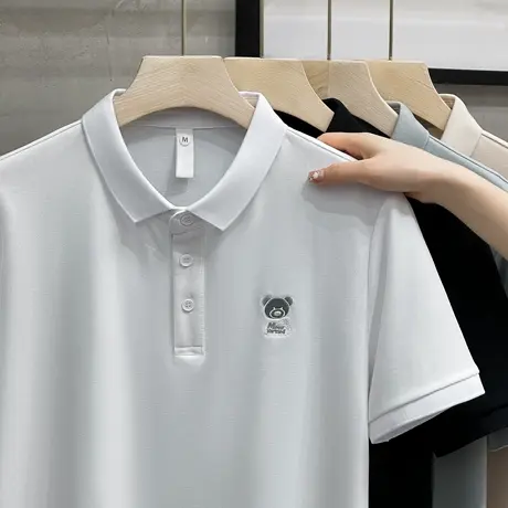 冰丝珠地polo衫 黑色丝光刺绣有领短袖t恤男2023夏季翻领半袖体恤商品大图