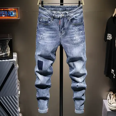 香港潮牌浅色牛仔裤男修身小脚男士百搭休闲长裤子男韩版潮流学生商品大图