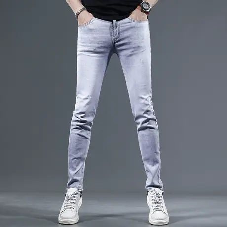 牛仔裤夏季薄款男2023新款潮牌修身小脚浅蓝灰色男士弹力薄款长裤商品大图