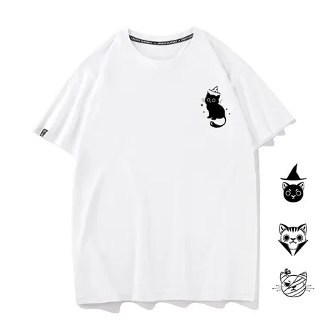秀洛卡通猫咪剪影可爱黑猫小猫咪纯棉短袖T恤男圆领半袖打底体恤商品大图