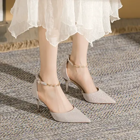 一字扣带中空高跟鞋女细跟2023年夏季新款设计感小众气质尖头单鞋商品大图