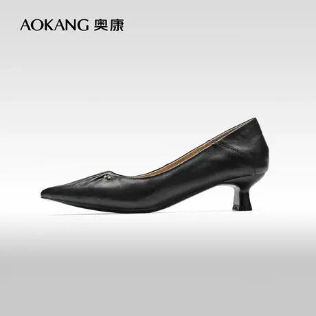 【门店发货】奥康女鞋春秋款女士单鞋舒适尖头时尚黑色通勤皮鞋商品大图