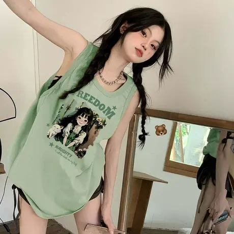 背心无袖t恤女中长款夏季篮球运动设计感小众甜辣小吊带宽松上衣图片