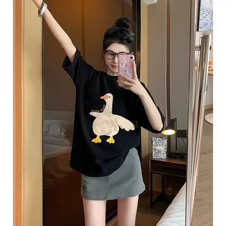 黑色短袖t恤女夏季新款宽松大码胖mm百搭洋气减龄正肩上衣2-300斤商品大图