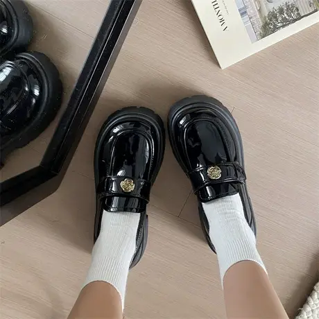 超火jk单鞋女2024春季新款高跟小个子英伦风复古粗跟一脚蹬小皮鞋商品大图