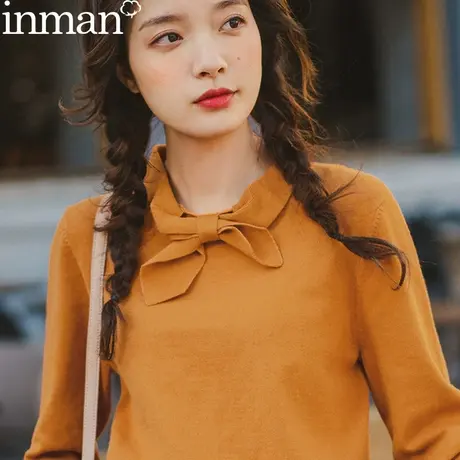 茵曼旗舰店2024春季女装粉色上衣套头毛衣蝴蝶结女打底衫内搭针织图片
