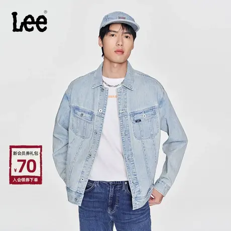 Lee商场同款24春季新品舒适版刺绣图案浅蓝色翻领男牛仔夹克外套商品大图