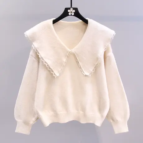 蕾丝拼接娃娃领毛衣女秋冬2023新款宽松学院风减龄短款针织衫上衣图片