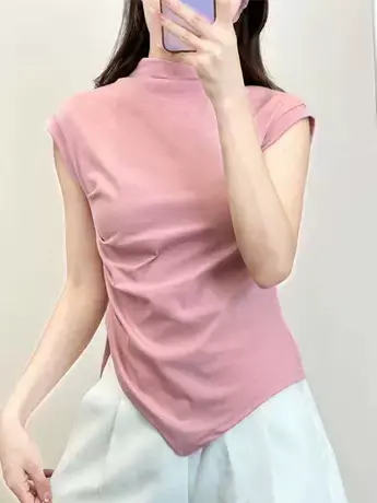 新款小众设计感纯欲甜辣褶皱不规则简约收腰短袖T恤显瘦百搭上衣商品大图