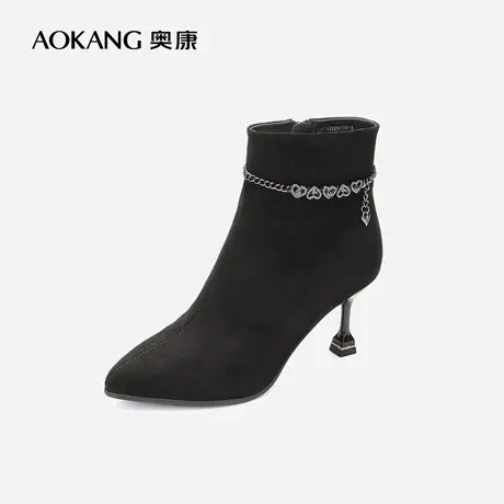 【门店发货】奥康女鞋 2022冬季新款时装靴气质尖头细跟加绒保暖商品大图