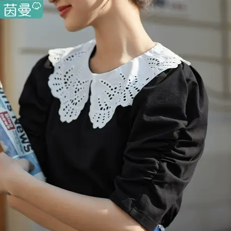 茵曼绣花娃娃翻领T恤女2023年春季新款减龄休闲气质宽松短袖上衣图片