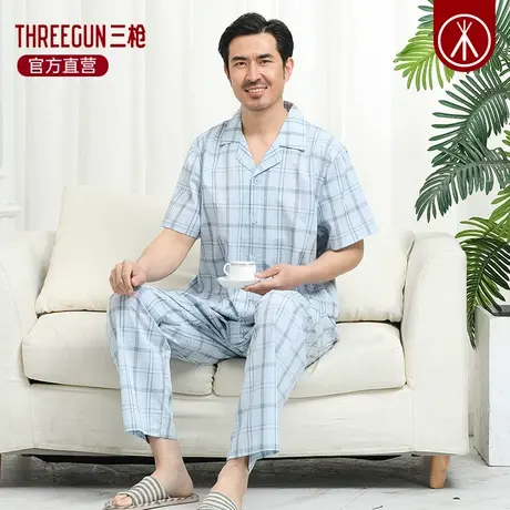 三枪睡衣男薄款宽松大码梭织棉短袖长裤纯棉中年男款家居服套装商品大图