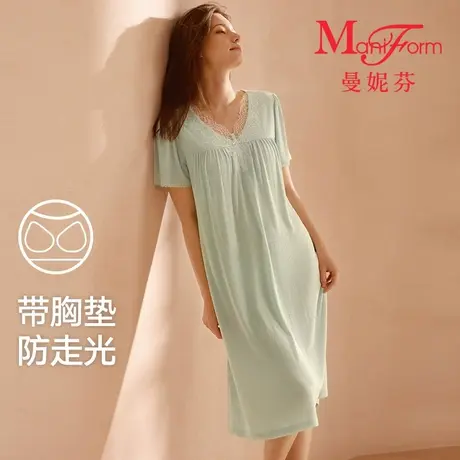 曼妮芬2025夏女士舒适带杯睡裙V领飘袖裙装蕾丝家居服20312040商品大图