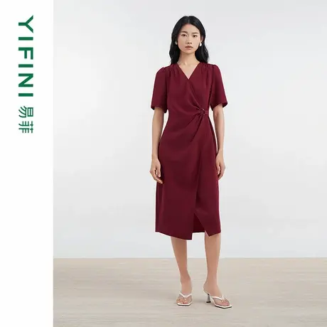 [专柜同款]Yifini/易菲V领短袖收褶显瘦气质连衣裙2025夏D04Y1406图片