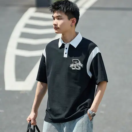 唐狮短袖polo衫夏季新款男宽松黑色拼接上衣男带有翻领t恤潮商品大图