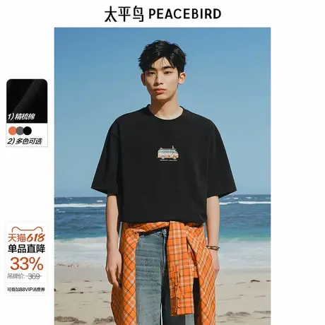 【晚心联名】太平鸟男装重磅水洗短袖T恤夏季宽松刺绣圆领体恤潮图片