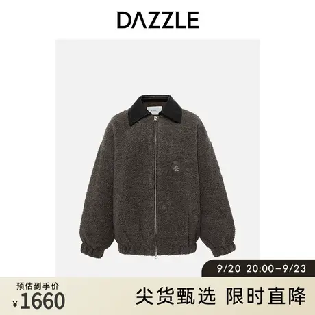 DAZZLE地素奥莱皮革拼接设计休闲中长款翻领毛呢大衣外套女图片