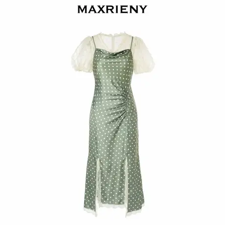 【奥莱】MAXRIENY蕾丝拼接茶歇裙夏季V领连衣裙波点长裙图片