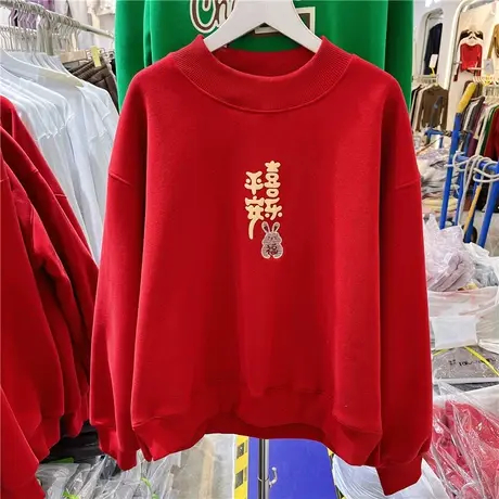 2022秋冬新款韩版宽松百搭红色兔子印花加绒加厚圆领套头长袖卫衣商品大图