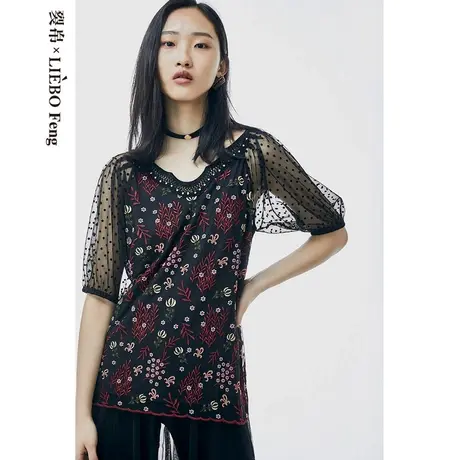 裂帛LIEBOFeng设计师品牌V领复古繁花刺绣中袖水溶蕾丝网纱雪纺衫图片