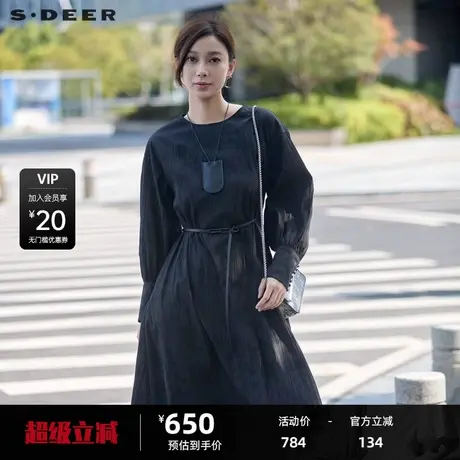 sdeer圣迪奥女装复古圆领收腰肌理长袖连衣裙S24381220图片
