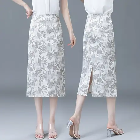 拉夏贝尔国风印花半身裙女2025夏季新款高腰中长a字开叉包臀裙子商品大图