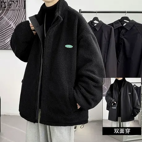 双面穿羊羔绒外套男潮牌加绒加厚棉衣男士颗粒绒夹克冬季保暖上衣商品大图