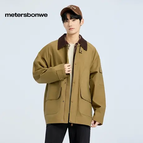 美特斯邦威夹克男2025年秋季新款宽松美式复古翻领多口袋工装外套图片