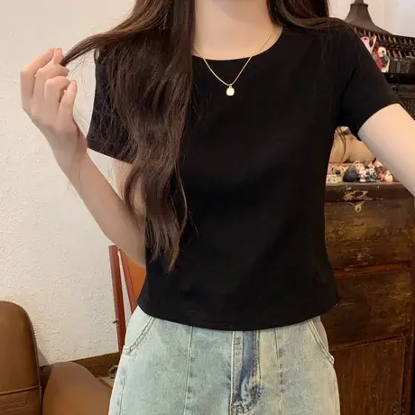 韩版黑色圆领正肩短袖t恤女2025夏季新款小个子修身显瘦短款上衣商品大图