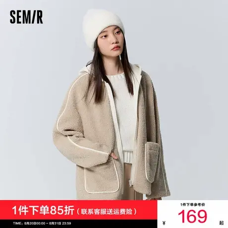 [商场同款]森马外套女连帽拼接2023新款冬季复古仿羊羔毛夹克宽松商品大图