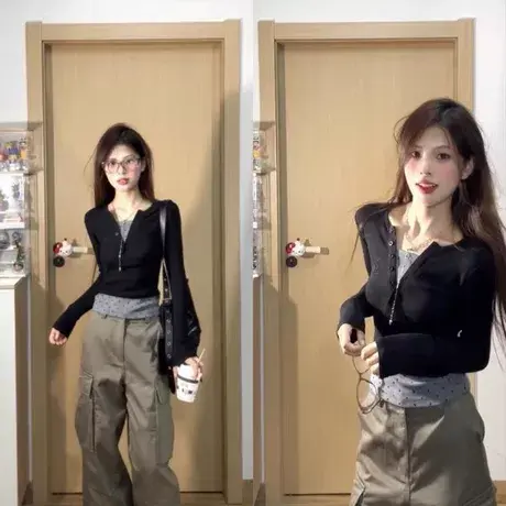 辣妹波点假两件V领长袖t恤女秋季新款别致紧身短款内搭打底衫上衣商品大图