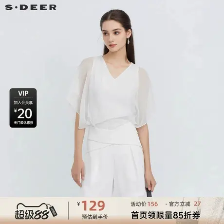 sdeer圣迪奥女装V领雪纺拼接不规则短袖T恤S223Z0115商品大图