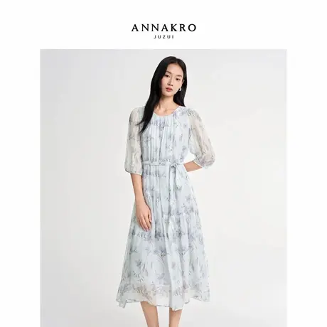 玖姿安娜蔻素雅印花不对称分割桑蚕丝收腰连衣裙女2026春季新款图片