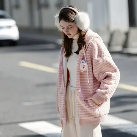 唐狮秋冬女条纹兔耳朵毛绒一手长外套可爱甜美少女风软糯TM图片