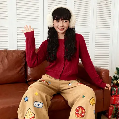 唐狮新年红绞花开衫毛衣女2026本命马年新款时尚洋气小香风外套VB图片