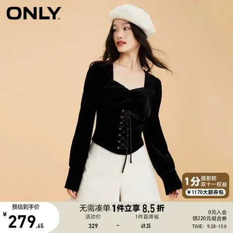ONLY奥莱夏季小香风方领收腰长袖短款修身雪纺衫女商品大图