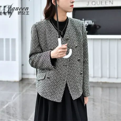 毛呢外套女短款小个子秋冬季新款气质复古加厚款休闲粗花呢子上衣商品大图