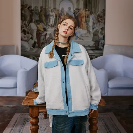 设计感拼接棉服女冬季羊羔毛外套2023年新款撞色潮牌复古宽松棉衣商品大图