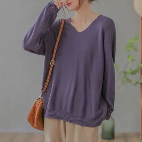 dza复古宽松V领针织衫女秋冬洋气内搭毛衣打底衫休闲漂亮长袖上衣图片