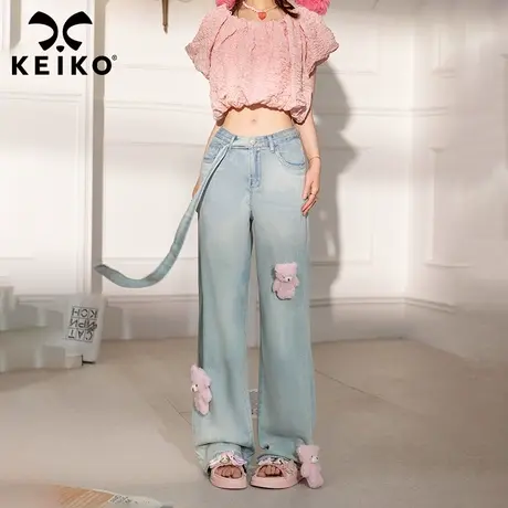 KEIKO 阔腿牛仔裤女夏美式复古甜辣妹小熊扎花直筒显瘦拖地长裤子图片