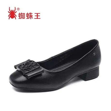 蜘蛛王清仓低跟单鞋女春夏季百搭真皮软底软皮圆头小香风女鞋商品大图