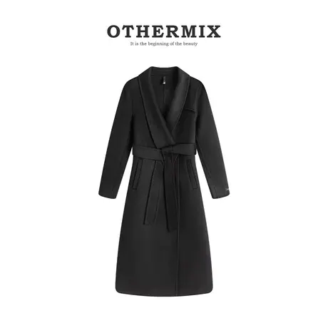 othermix 冬季新款设计感毛呢大衣女2023高端羊毛大衣V领中长外套商品大图