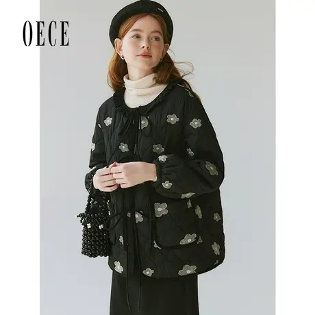 【双11新品】Oece复古花朵棉衣女2023冬季新款设计感中长款外套图片