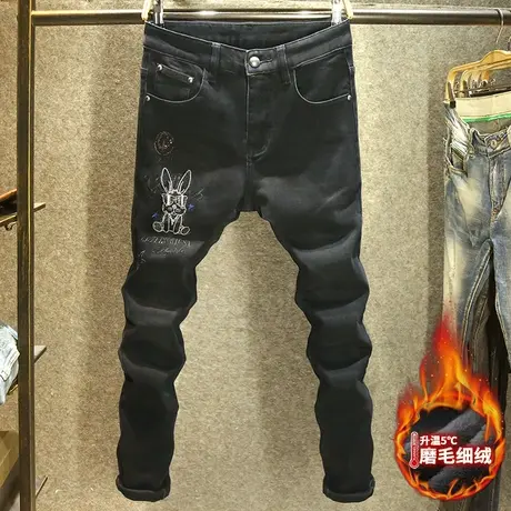 加绒加厚秋冬款牛仔裤男士修身小脚裤潮牌刺绣烫钻黑色弹力长裤子商品大图