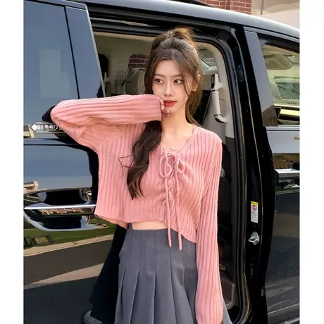 唐狮秋冬净色V领绑带长袖毛线衫女设计感小众短款小个子上衣11.22商品大图