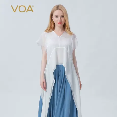 VOA真丝提花象牙白V领花瓣短袖燕尾设计乔其拼接立体装饰桑蚕丝T商品大图