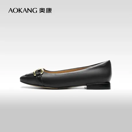 奥康女鞋 春秋款真皮工作通勤鞋粗跟金属扣小香风气质方头单鞋商品大图