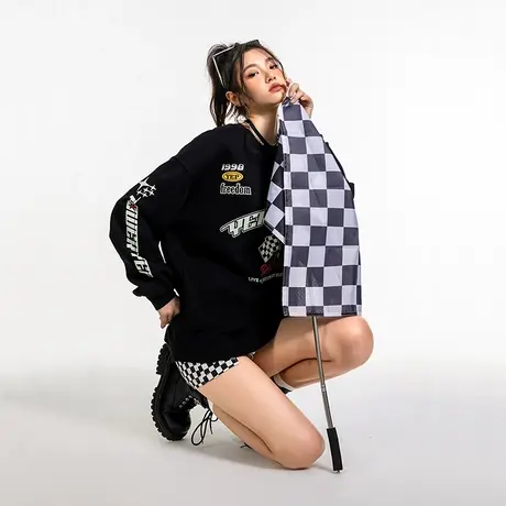 YEP美式赛车风卫衣2023新款女ins潮秋季复古宽松套头圆领长袖上衣商品大图